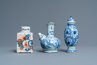 Two Chinese blue and white cups, a covered vase, a kendi and an Imari-style tea caddy, Wanli and Kangxi