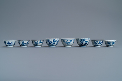 Eight Chinese blue and white cups and five saucers, Kangxi