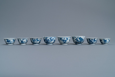 Eight Chinese blue and white cups and five saucers, Kangxi
