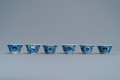 Six Chinese blue and white cups, six saucers and a bowl, Ming and Kangxi