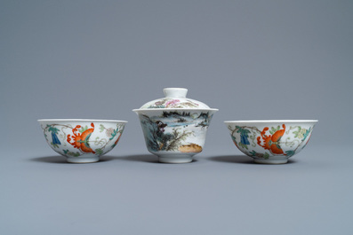 A Chinese famille rose bowl and cover and two 'butterfly' bowls, Jingdezhen mark, Republic