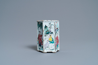A hexagonal Chinese famille rose brush pot with figurative panels, Yongzheng