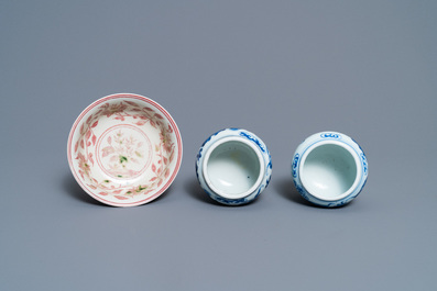 A pair of Chinese blue and white 'dragon' stem cups and one in copper-red, 19/20th C.