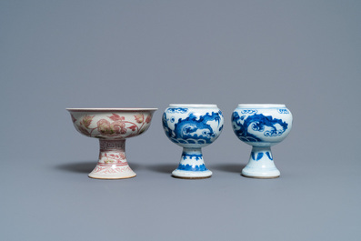 A pair of Chinese blue and white 'dragon' stem cups and one in copper-red, 19/20th C.