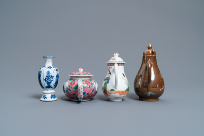 Two Chinese famille rose jugs, a teapot and a blue and white vase, Kangxi and later