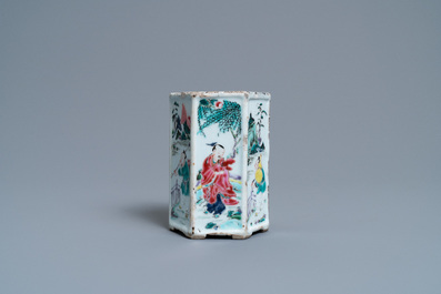 A hexagonal Chinese famille rose brush pot with figurative panels, Yongzheng