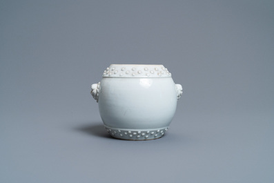 Un pot en porcelaine blanc de Chine &agrave; d&eacute;cor de fleurs de prunus en relief, 18/19&egrave;me
