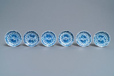 Six Chinese blue and white cups, six saucers and a bowl, Ming and Kangxi