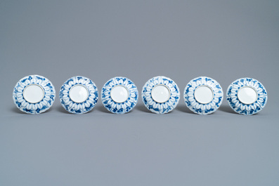 Six Chinese blue and white cups, six saucers and a bowl, Ming and Kangxi