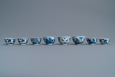 Eight Chinese blue and white cups and five saucers, Kangxi
