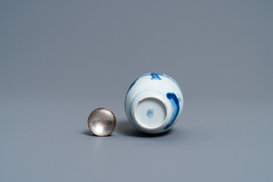 A Chinese blue and white silver-mounted tea caddy, Kangxi