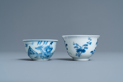 Two Chinese blue and white cups, a covered vase, a kendi and an Imari-style tea caddy, Wanli and Kangxi