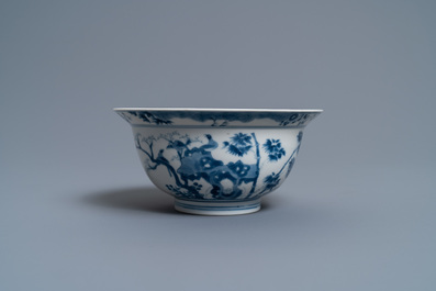 A Chinese blue and white 'twelve magpies' bowl, Chenghua mark, Kangxi