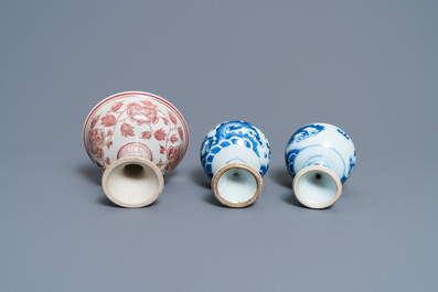 A pair of Chinese blue and white 'dragon' stem cups and one in copper-red, 19/20th C.