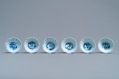 Six Chinese blue and white cups, six saucers and a bowl, Ming and Kangxi