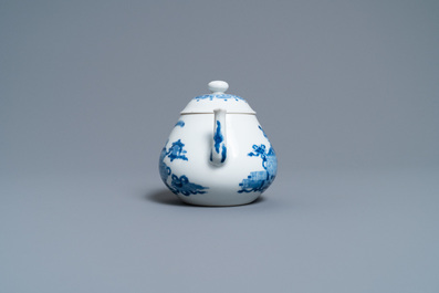 A Chinese blue and white 'antiquities' teapot and cover, Jiajing mark, Kangxi