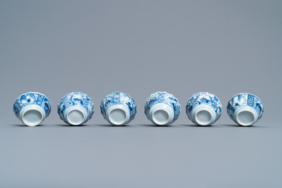 Six Chinese blue and white cups, six saucers and a bowl, Ming and Kangxi