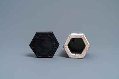 A hexagonal Chinese famille rose brush pot with figurative panels, Yongzheng