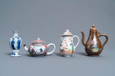 Two Chinese famille rose jugs, a teapot and a blue and white vase, Kangxi and later