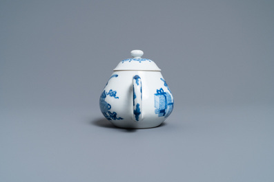 A Chinese blue and white 'antiquities' teapot and cover, Jiajing mark, Kangxi
