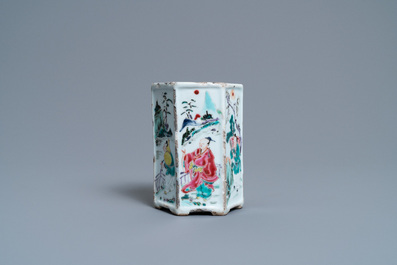 A hexagonal Chinese famille rose brush pot with figurative panels, Yongzheng