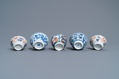 Five various Chinese cups and saucers and a small dish, Kangxi/Qianlong