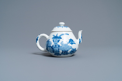 A Chinese blue and white 'antiquities' teapot and cover, Jiajing mark, Kangxi