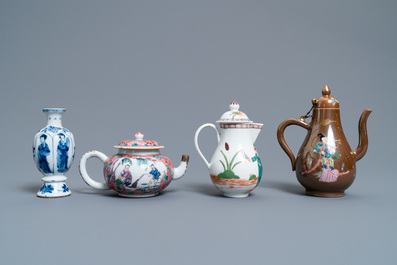 Two Chinese famille rose jugs, a teapot and a blue and white vase, Kangxi and later