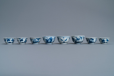 Eight Chinese blue and white cups and five saucers, Kangxi