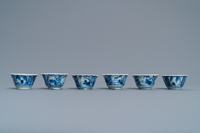 Six Chinese blue and white cups, six saucers and a bowl, Ming and Kangxi