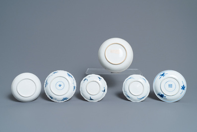 Five various Chinese cups and saucers and a small dish, Kangxi/Qianlong