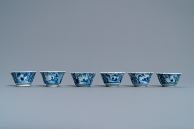 Six Chinese blue and white cups, six saucers and a bowl, Ming and Kangxi