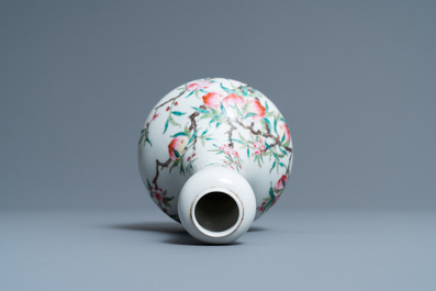 A Chinese famille rose 'peaches' bottle vase, 'Dun mu tang zhi' mark, Republic