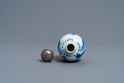 A Chinese blue and white silver-mounted tea caddy, Kangxi