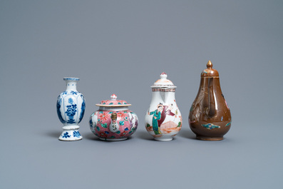 Two Chinese famille rose jugs, a teapot and a blue and white vase, Kangxi and later