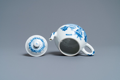 A Chinese blue and white 'antiquities' teapot and cover, Jiajing mark, Kangxi