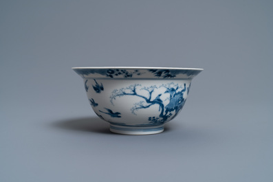 A Chinese blue and white 'twelve magpies' bowl, Chenghua mark, Kangxi