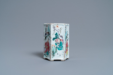 A hexagonal Chinese famille rose brush pot with figurative panels, Yongzheng