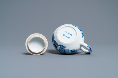 A Chinese blue and white 'antiquities' teapot and cover, Jiajing mark, Kangxi