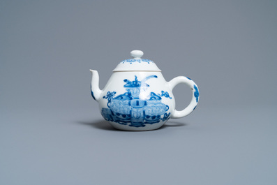 A Chinese blue and white 'antiquities' teapot and cover, Jiajing mark, Kangxi