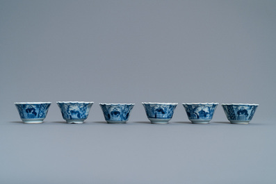 Six Chinese blue and white cups, six saucers and a bowl, Ming and Kangxi