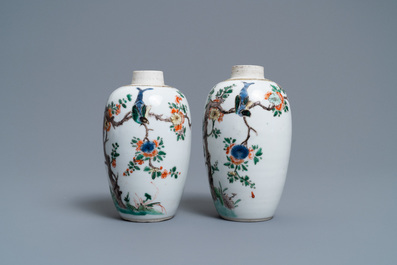 A pair of Chinese famille verte jars with birds among blossoming branches, Kangxi