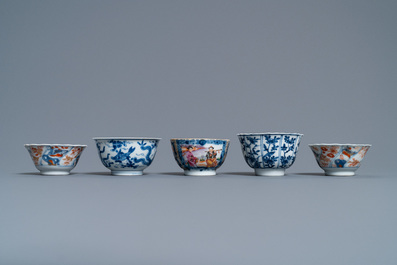 Five various Chinese cups and saucers and a small dish, Kangxi/Qianlong