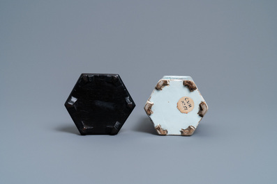 A hexagonal Chinese famille rose brush pot with figurative panels, Yongzheng