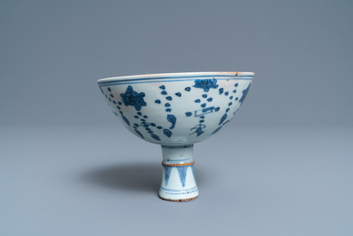 A Chinese blue and white stem cup, Ming