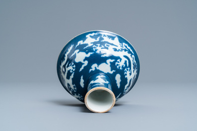 A Chinese blue-ground incised 'dragon' stem cup, Xuande mark, Republic