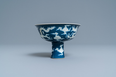 A Chinese blue-ground incised 'dragon' stem cup, Xuande mark, Republic