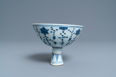 A Chinese blue and white stem cup, Ming