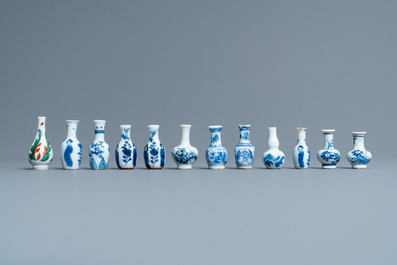 Thirty-eight Chinese blue and white, famille rose and monochrome miniature vases, Kangxi/Qianlong