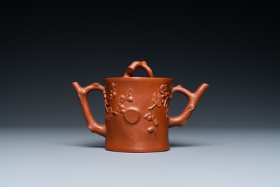 A Chinese Yixing stoneware two-spouted teapot with two compartments, Kangxi